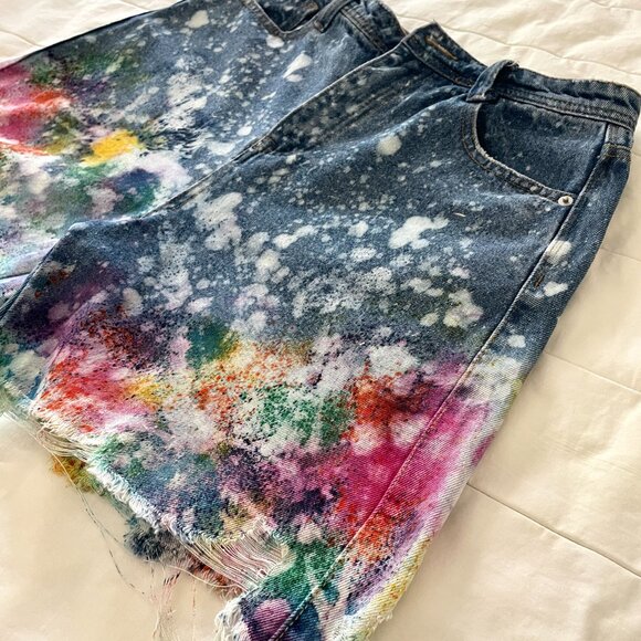 Custom Bleach Splash Denim Shorts Free Speech High-Waisted Boho Festival Style - Picture 4 of 11